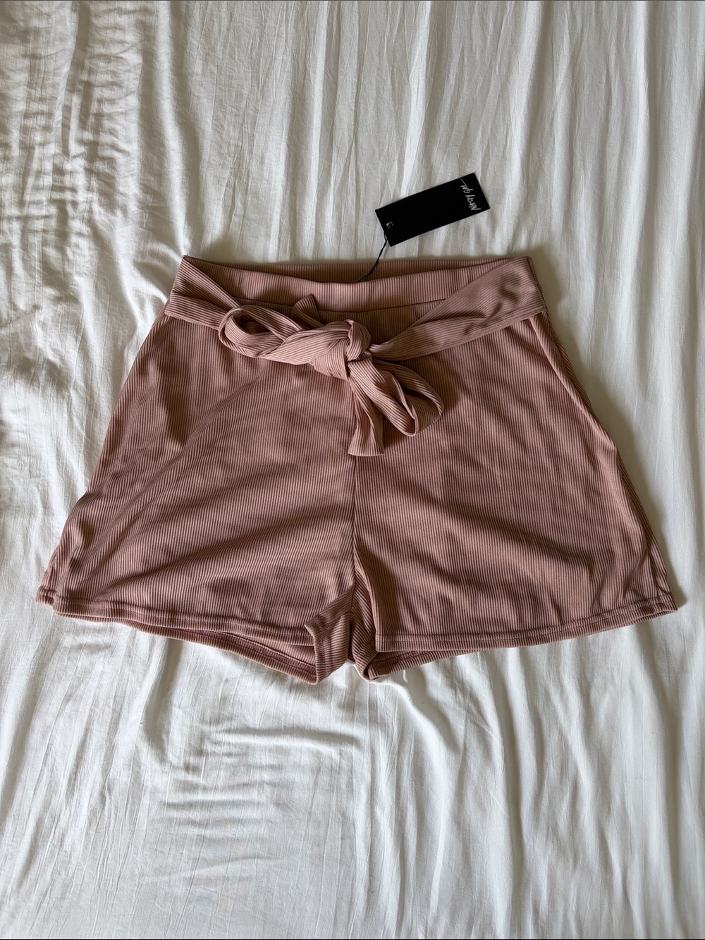 Nasty Gal High Waist Ribbed Tie-Front Shorts - Mauve